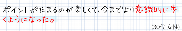 ポイントがたまるのが楽しくて、今までより意識的に歩くようになった。(30代女性)